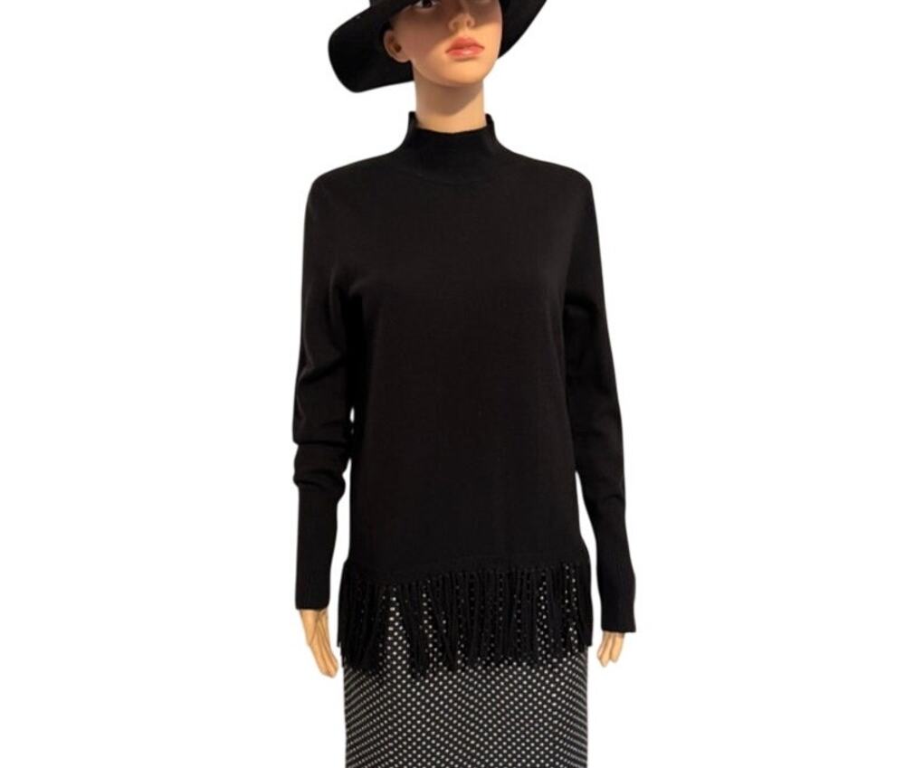 Carre Noir Mock Neck Fringe Sweater in Basic Black, Women's Size S/P